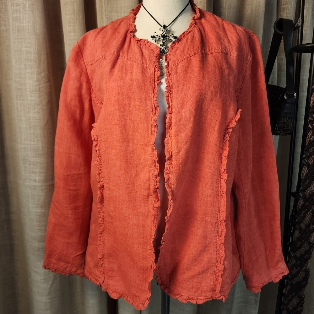 Chicos Linen‎ Open Front Jacket Size 3(XL)Coral Orange Ruffle Trim Lightweight